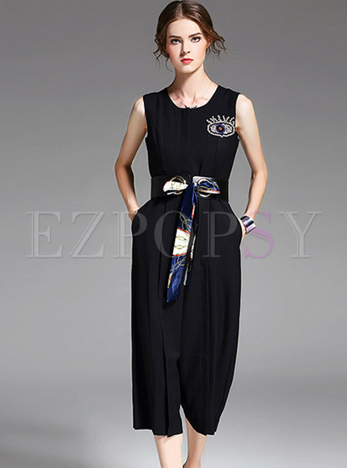 Street Bead Pure Color Sheath Slim Belted Jumpsuits 