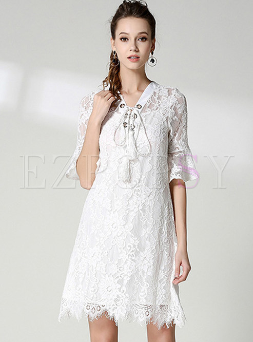 Sexy Lace Hollow-out Perspective Flare Sleeve Skater Dress 