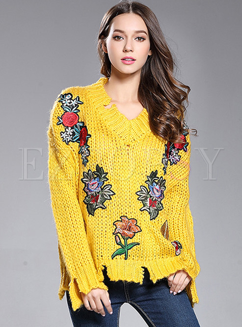 Embroidered V-neck Asymmetrical Loose Sweater