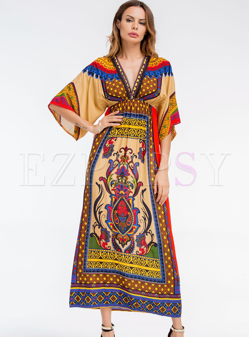 Ethnic V-neck Print Flare Sleeve Maxi Dress
