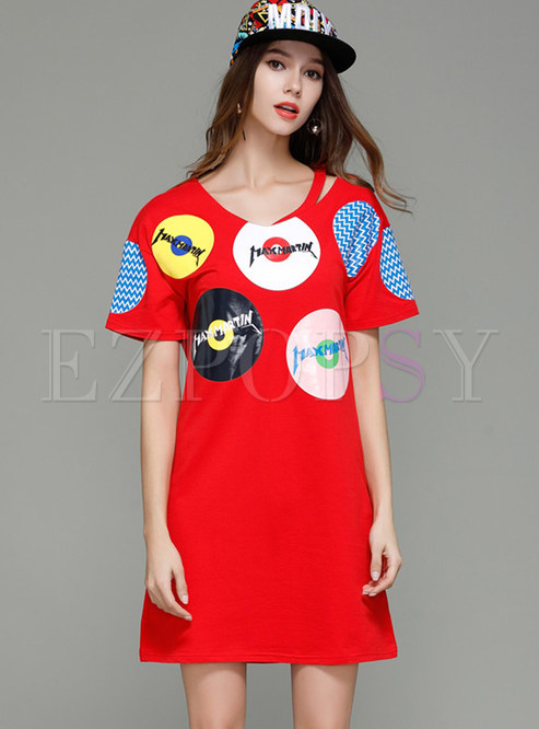 Cute Print O-neck Asymmetrical O-neck Short Sleeve T-shirt Dress 