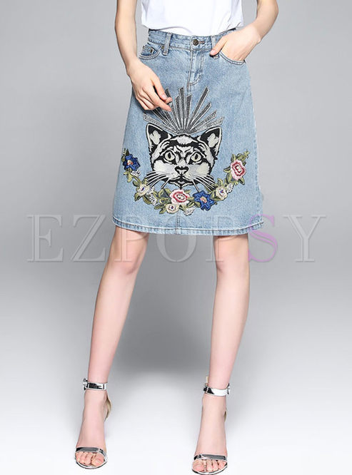 Cat Design Embroidered High Waist Denim Skirt