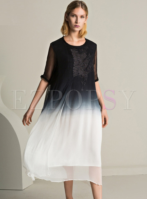 High Neck Embroidery Shift Casual Dress