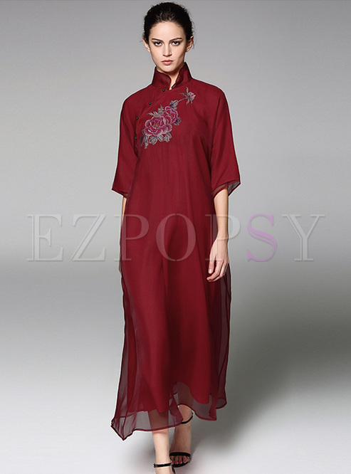Vintage Embroidery Stand Collar Loose Maxi Dress