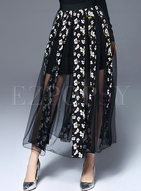 Sexy Perspective Floral Print Gauze Splicing Skirt 