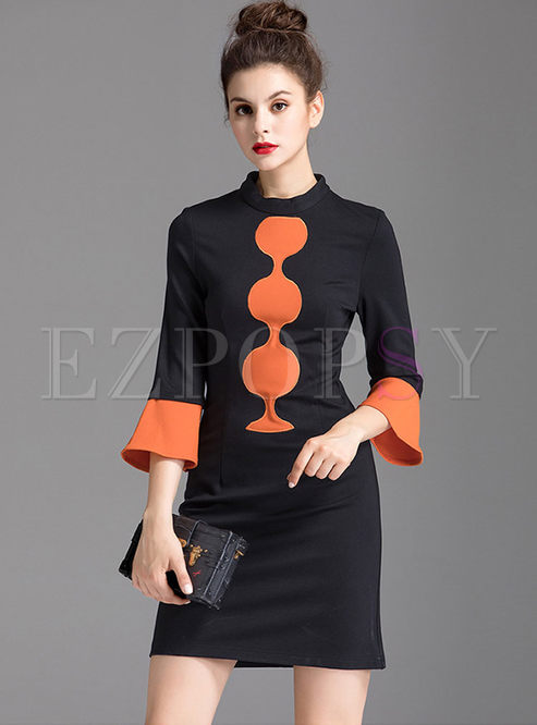 Vintage Hit Color Flare Sleeve Bodycon Dress