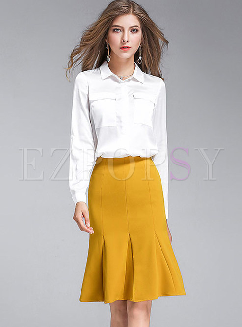 Work Pure Color Turn-down Collar Blouse & Falbala Sheath Slim Skirt 