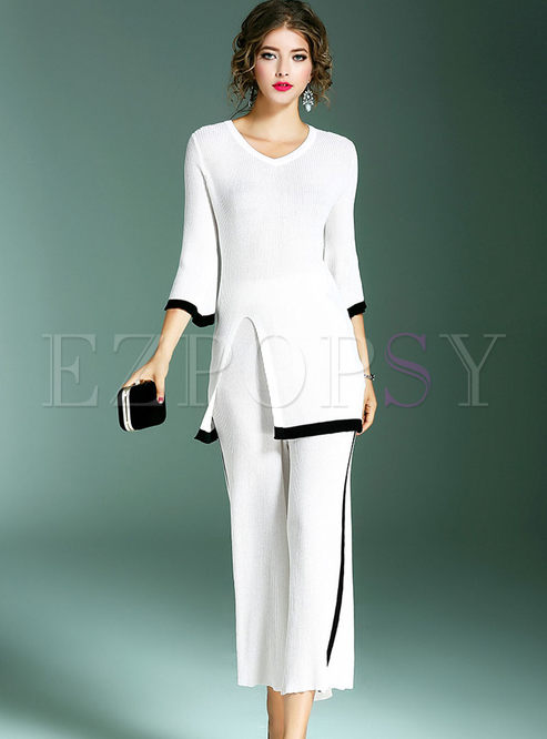 White Stylish Three Quarters Sleeve Two-piece Outfits
