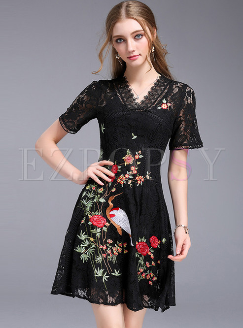Part Embroidered Lace Hollow-out V-neck Skater Dress 