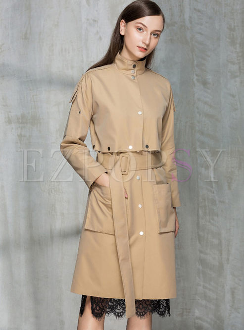 Pure Color Single-breasted Long Sleeve Trench Coat
