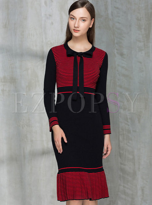 Sweet Striped Stitching Slim Long Sleeve Bodycon Dress
