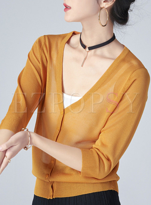 Casual Pure Color V-neck Three Quarter Sleeve Knitted Sweater 