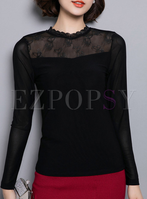 Sexy Lace Splicing Gauze Splicing Hollow-out T-shirt 
