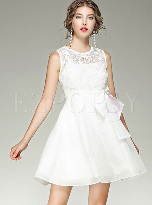 Party Bead Embroidered Splicing Sleeveless Skater Dress 