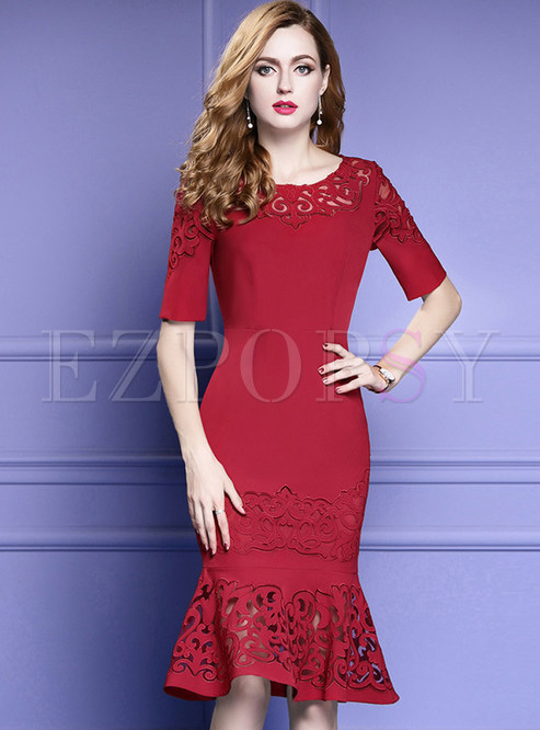 Party Pure Color Embroidered Lace Splicing Hollow-out Mermaid Bodycon Dress