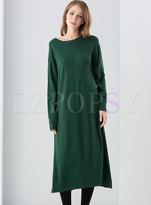 Brief Pure Color Slit O-neck Long Sleeve Loose Knitted Dress 