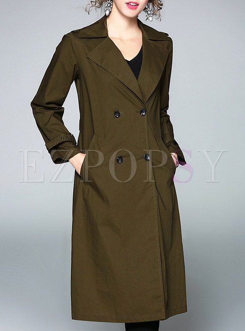 Street Pure Color Turn-down Collar Long Sleeve Long Sleeve Trench Coat