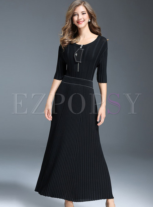 Casual Pleated O-neck Half Sleeve Splicing Slim Knitted Dress