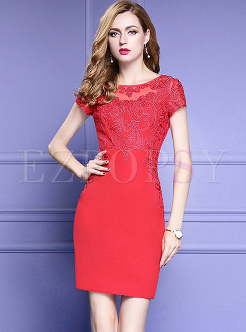 Party Mesh Embroidered Stitching Bodycon Dress