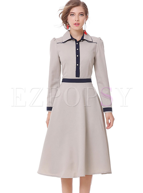 Work Splicing Pleated Color Blocking Turn-down Collar Long Sleeve Skater Dress 