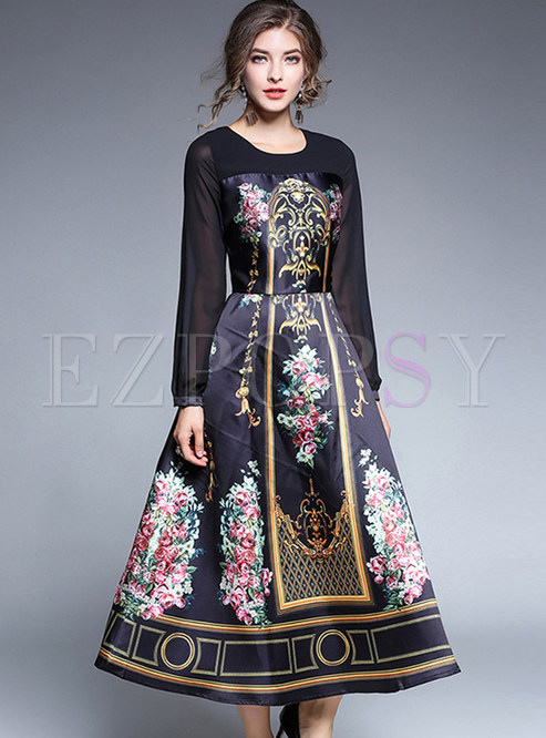 Party Print Perspective O-neck Long Sleeve Slim Maxi Dress 