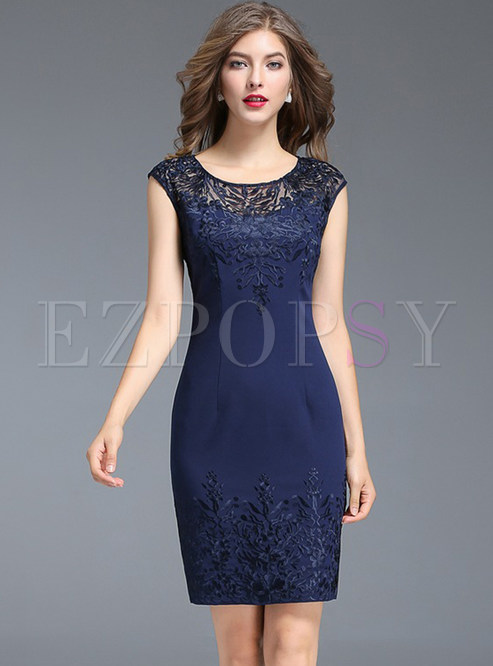 Party Embroidered Hollow-out Splicing O-neck Slim Bodycon Dress 