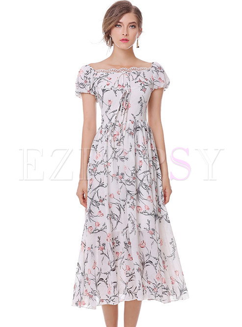 Casual Floral Print Splicing Pleated Lace Slim Maxi Dress 