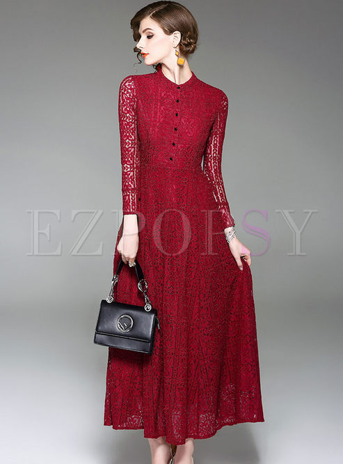 Red Lace Stitching Long Sleeve Big Hem Maxi Dress