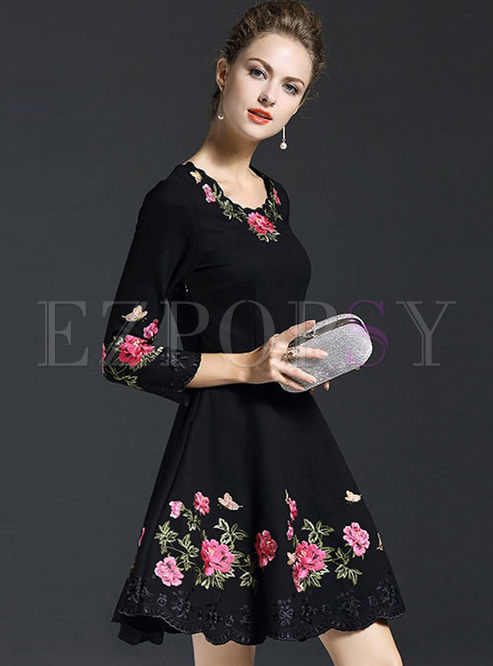 Dresses | Skater Dresses | Black Flower Embroidered Skater Dress