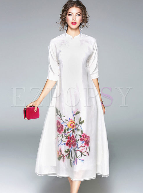 Ethnic Embroidered Improved Cheongsam Stand Collar Shift Dress