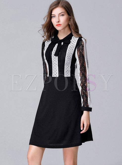 Lace Striped Patchwork Long Sleeve Skater Dress
