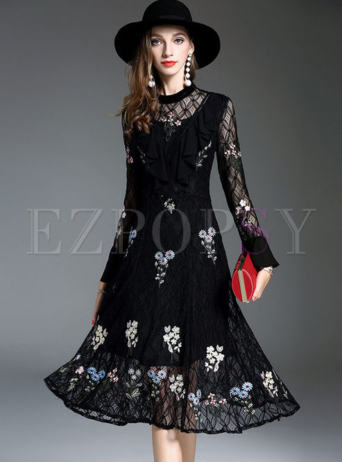 Black Lace Hollow Out Embroidered Long Sleeve Skater Dress