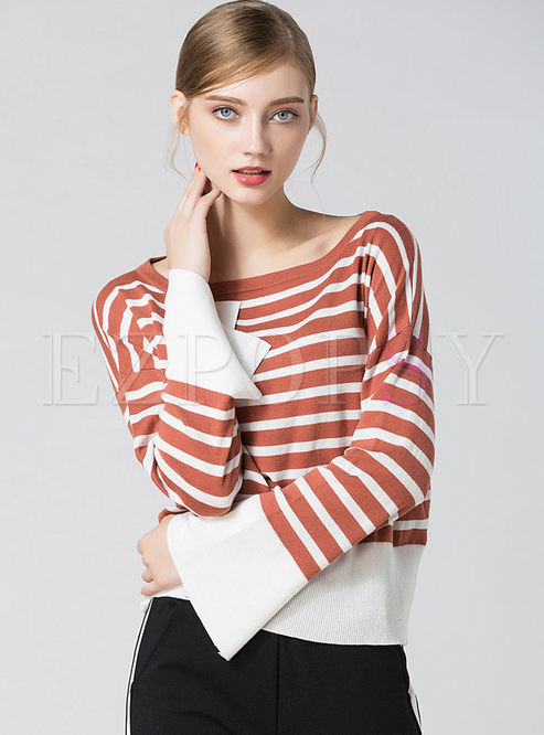 Hit Color Loose Flare Sleeve Slash Neck Knitted Sweater