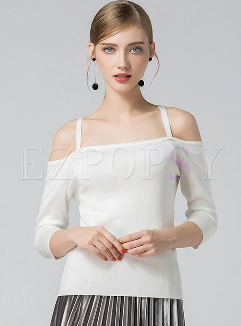 White Sexy Slim Off Shoulder Knitted Sweater