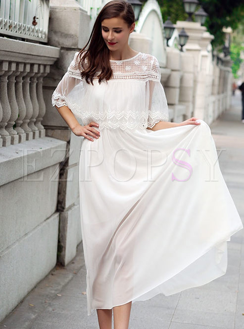 White Elegant Chiffon Hollow Out Maxi Dress