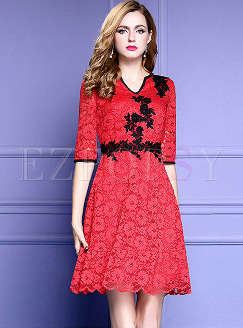 Dresses | Skater Dresses | Red Elegant Embroidered Half Sleeve Skater Dress