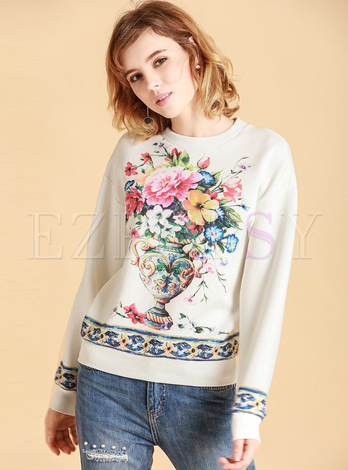 Casual Flower Print Pullover Sweatshirt