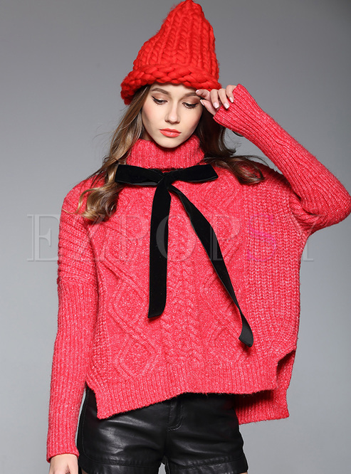 Red High Neck Split Loose Sweater