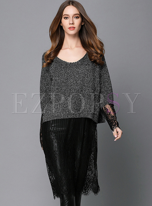 Sexy Lace Mesh Patch Long Sweater