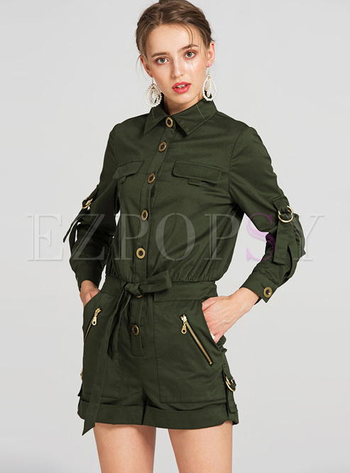 Casual Lapel Green Long Sleeve Rompers