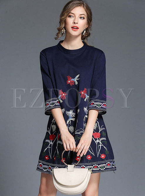 Ethnic Stand Collar Embroidered Loose Shift Dress