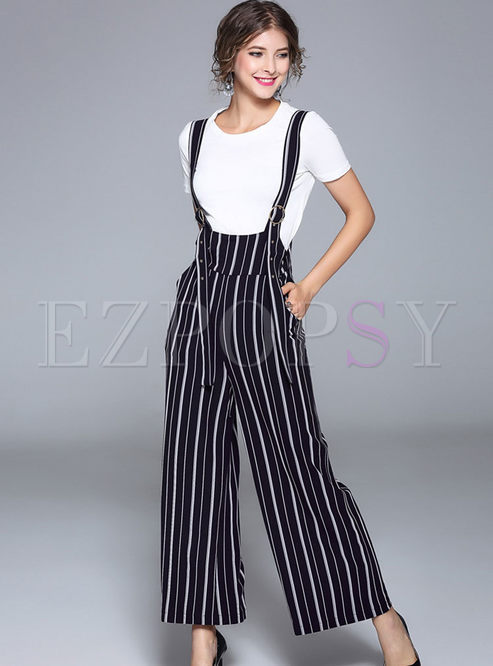 Short Sleeve Knitted T-shirt & Causal Striped Overalls