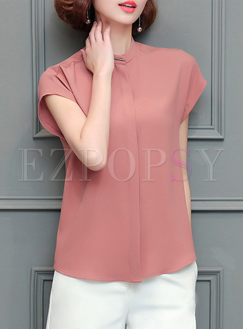 Work Pure Color Stand Collar Short Sleeve T-shirt