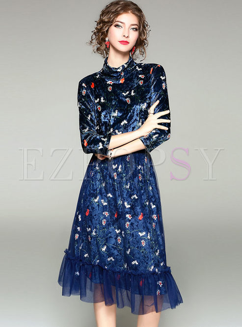 Blue Velvet Floral Print Top & Mesh Falbala Skirt