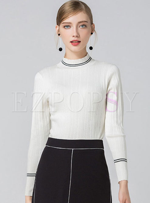 Brief Hit Color Slim Long Sleeve Knitted Sweater
