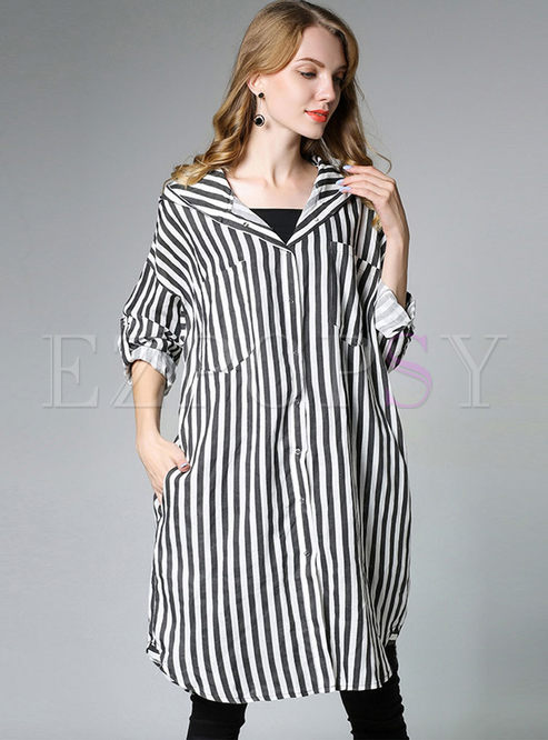 Brief Striped Hooded Loose Blouse
