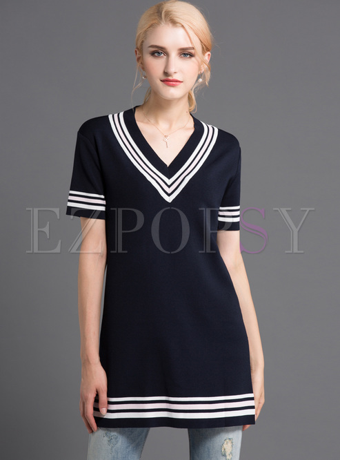 Casual Color-blocked Striped Short Sleeve Sweater