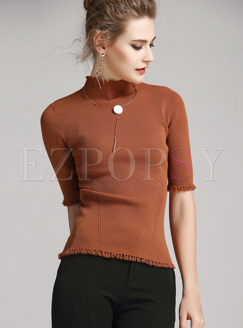 Brown Elegant Half Sleeve Falbala Sweater