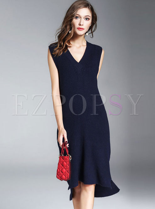 Blue Sleeveless V-neck Asymmetry Knitted Dress