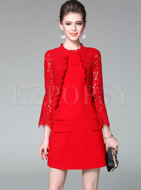 Red Lace Splicing Long Sleeve Skater Dress